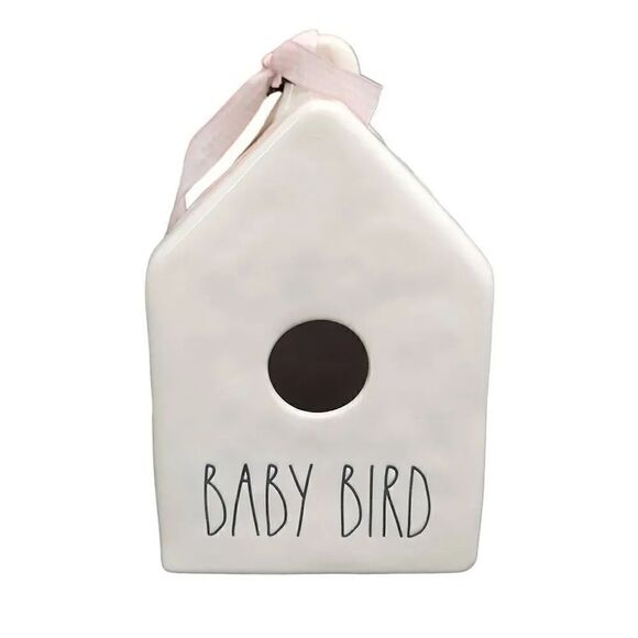 Rae Dunn White Black Baby Bird Ceramic Bird House with Pink Bow - Picture 1 of 5